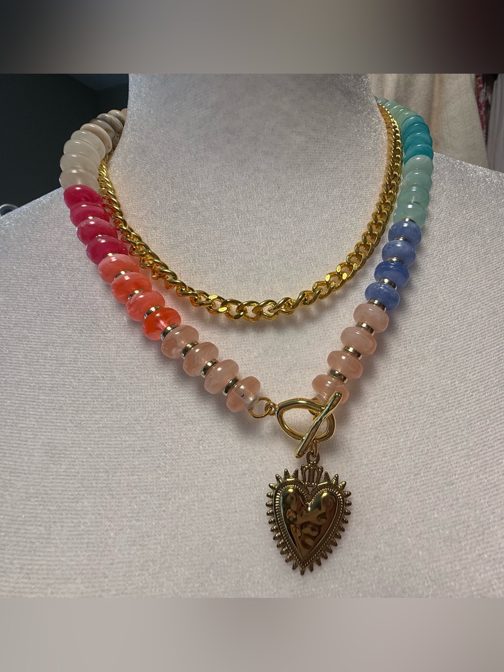 Colorful Double Layer Beaded Heart Charm Necklace Gold Tone NWOT